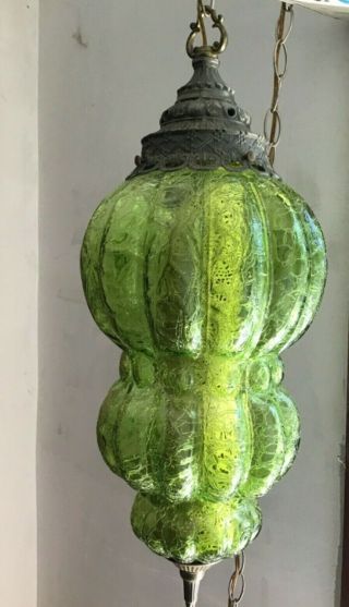 Vintage Green Crackle Glass Mid Century Modern Swag Light Lamp W/ Diffuser
