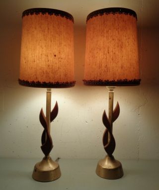 2 Authentic Vtg Mid Century Modern Sculptural Bedside Table Lamps W/ Shades Pair