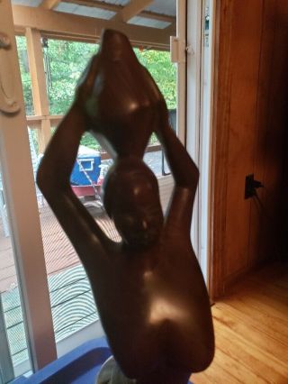 African Woman Wooden Carved Statue 22 1/2” Topless Basket On Head Dark Wood 2