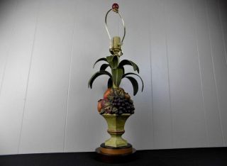 Oriental Accent Table Lamp Hand Painted Fruit Basket With Tole Metal Leaves