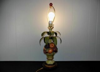 Oriental Accent table lamp hand painted fruit basket with tole metal leaves 3