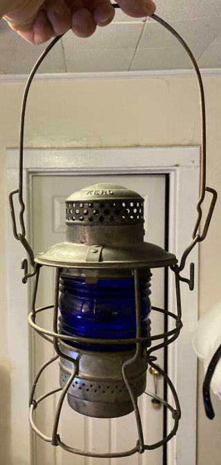 Adlake - Kero N.  K.  P.  Lantern,  Nickel - Plated,  W/ Blue Globe