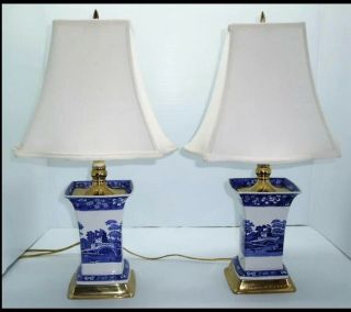 Vintage Pair Spode Table Lamps,  Blue,  White,  Gold,  W/shades,  Good Cond.
