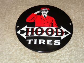Vintage Hood Tires,  Service Station Man 3.  75 " Porcelain Metal Gasoline Oil Sign