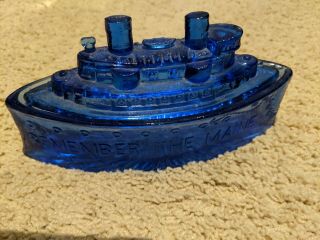 Antique Patriotic " Remember The Main " Blue Glass Battleship Covered Dish
