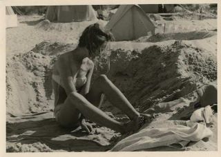 Vintage Photo Young Woman Wearing Bikini Swimsuit At Beach Looking Away 1960s