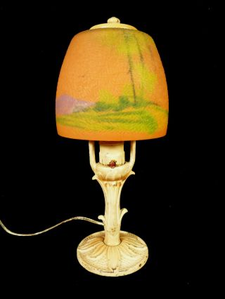 Vintage Cast Metal Boudoir Lamp With Reverse Painted Glass Shade – Circa 1930