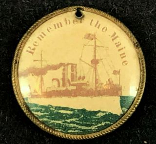 1898 Remember The Maine Battleship Spanish American War Badge Pin Sunk Antique