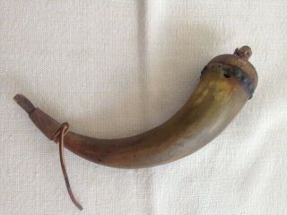 Antique Powder Horn W/turned Wooden Top And Carved Fill Plug