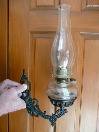 Clear Glass Hanging Oil Lamp With Cast Iron Wall Hanger - Complete