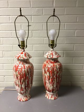 Pair Mid Century Modern Splatter Ceramic Pottery Lamps Cream Red Orange Green