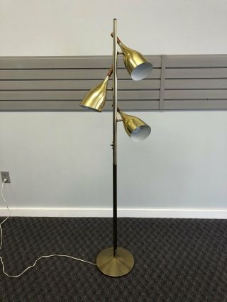 Vintage 60s Pole Floor Lamp Mid Century Modern Metal Light Wood Gold Danish Mcm