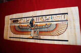 Huge Signed Handmade Papyrus Egyptian Queen Winged Isis Painting.  32 " X12 " Inches