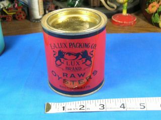 Vintage Lux Brand Raw Oysters Tin 1 Pint Tin Lux Packing Co.  Baltimore,  M.  D.