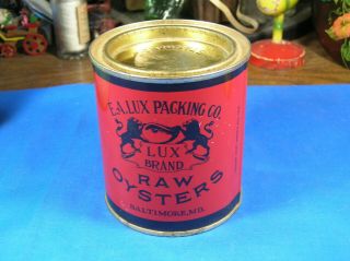 Vintage Lux Brand Raw Oysters Tin 1 Pint Tin Lux Packing Co.  Baltimore,  M.  D. 3