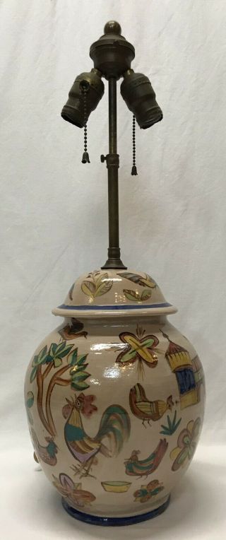 Vintage Mid Century Modern Italian Majolica Hand Painted Pottery Table Lamp