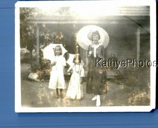 Found B&w Photo D_3043 Woman And Girls In Dresses Holding Umbrellas