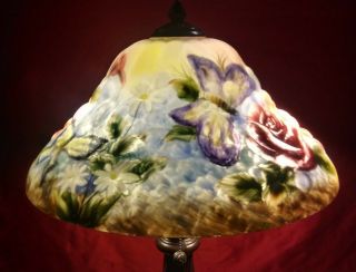 Dale Tiffany Reverse Hand Painted Frosted Glass Lamp Butterflies & Flowers 24 "