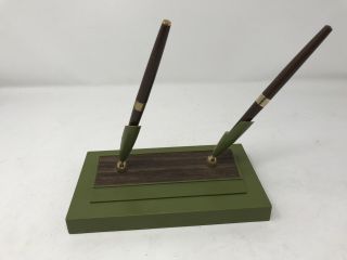 Vintage Green Eldon Hawthorne Double Desk Pen Holder With Storage Wood Grain