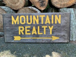 Vintage Adirondack Mountain Realty Carved Rustic Sign Indian Lake Ny Camp Cabin