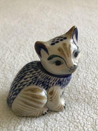 Vintage Hand Painted Mexican Tonala Folk Art Pottery Cat Figurine Signed Look