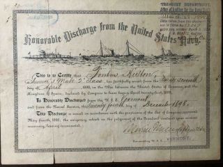 Spanish American War Honorable Discharge From The United States Navy Uss Vermont