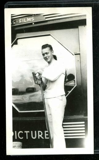 Vintage Photo Handsome Man Window Washes Movie Theater Picture Show Gay Interest