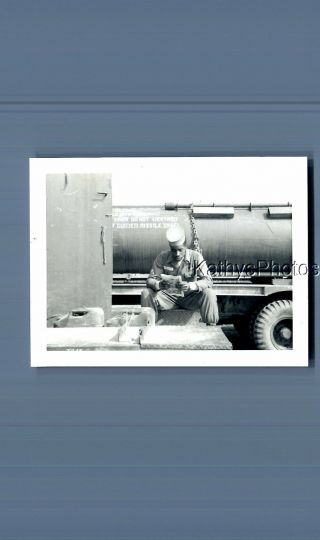 Found B&w Photo N_3596 Soldier Sitting By Tanker Reading