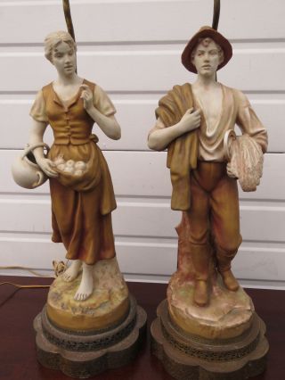 Royal Dux Bohemia Porcelain Farmer Man And Lady Figural Lamps 262b