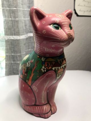 Vintage Mexican Pink Folk Art Cat Figurine Hand Painted Terra Cotta Clay Pottery