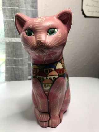 Vintage Mexican Pink Folk Art Cat Figurine Hand Painted Terra Cotta Clay Pottery 2
