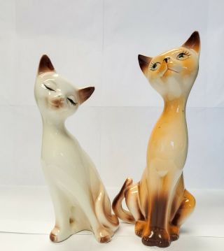 Vintage Porcelain Ceramic Siamese Cat Pair Figures Japan Mid - Century