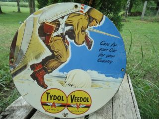 1943 Tydol Flying A Gasoline & Motor Oil Porcelain Enamel Gas Pump Sign Soldier