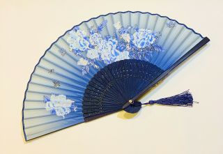 Chinese Peony Flower And Butterfly Design Hand Folding Fan Silk Blend Fan