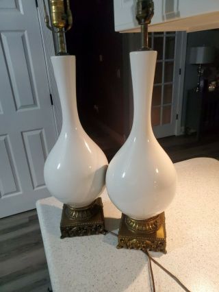 Pair Matching Vintage 60’s White Mid Century Table Modern Brass Table Lamps 26 "