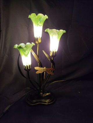 Dale Tiffany 3 Light Green Glass Shade Lily Pad Dragonfly Table Lamp Light