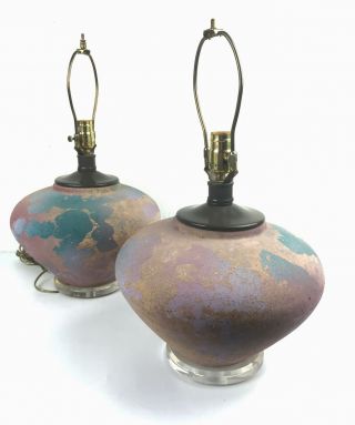 Vintage Mcm Tony Evans Style Raku Pottery Set Of 2 Table Lamps On Lucite Base