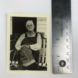 Vintage Black and White Photo Old Man in Overalls Sitting on Porch 2.  5 x 3.  5 5