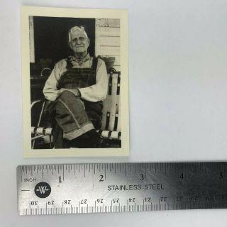 Vintage Black and White Photo Old Man in Overalls Sitting on Porch 2.  5 x 3.  5 6