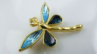 Vintage Dragonfly Brooch Pin Blue Crystal Rhinestone Gold Tone Signed P.  S.  Co 89