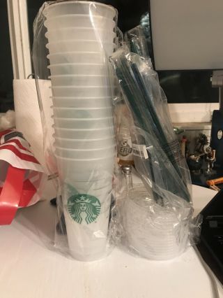 15 Starbucks Reusable Venti 24 Oz Plastic Ice Cold Drink Cups With Lid & Straw