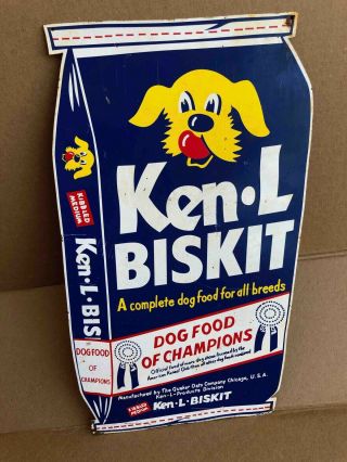 Old Ken - L Biskit Dog Food Sack Die Cut Advertising Painted Tin Sign