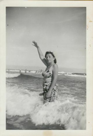 Vintage Photograph 1940s Woman Ocean Beach Swimsuit Waves Americana