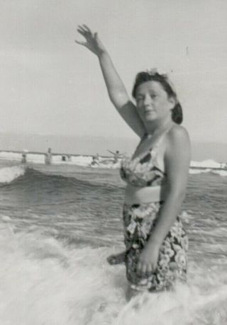 Vintage Photograph 1940s Woman Ocean Beach Swimsuit Waves Americana 2