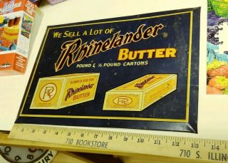 1930s RHINELANDER BUTTER TIN LITHOGRAPH ADVER ' G SIGN W/ STAND,  SCIOTO 13X9 