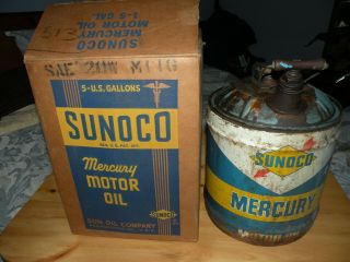 Vintage Sunoco Mercury 5 Gallon Motor Oil Can W/ Box,  Wood Handle,  Man Cave