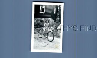 Found B&w Photo E,  6487 Girl In Dress Sitting On Bicycle