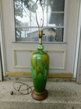 Large Gorgeous Mid Century Green Gold Blue Drip Glaze Table Lamp