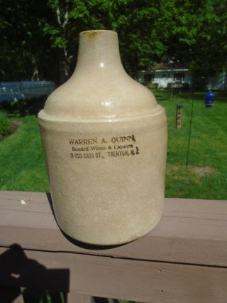 Antique Stoneware Jug Warren A.  Quinn Wines & Liquors Cass St Trenton N.  J