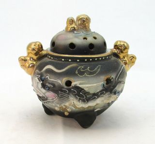 Vintage Moriage Dragonware Incense Burner Foo Dog Dragon Gold Black Blue Japan